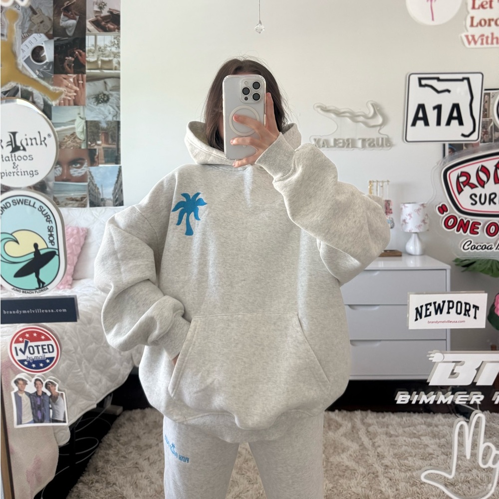 pink palm puff grey butterfly hoodie‎